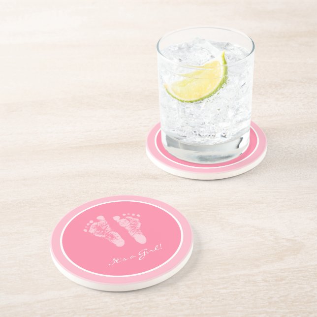 Its a Girl Pink Baby Footprints Birth Announcement Coaster (Side)