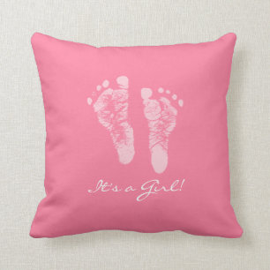 Its a Girl Pink Baby Footprints Birth Announcement Throw Pillow