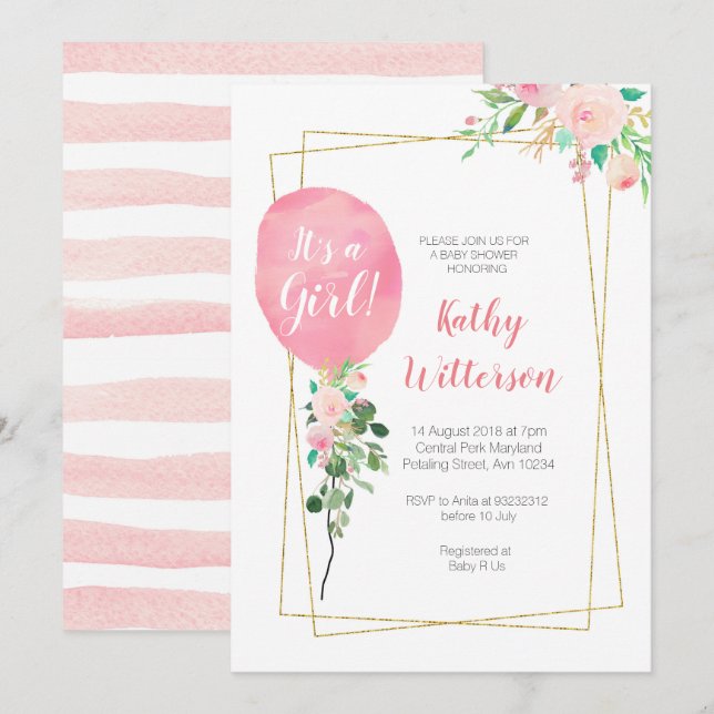 It's a girl Pink Ballon baby shower Invitation (Front/Back)