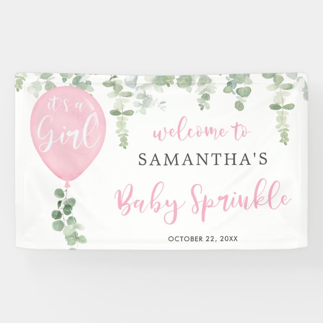 It's a girl pink balloon eucalyptus baby sprinkle banner (Horizontal)