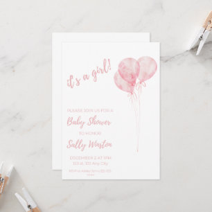It's A Girl Pink Balloons Baby Shower Invitation