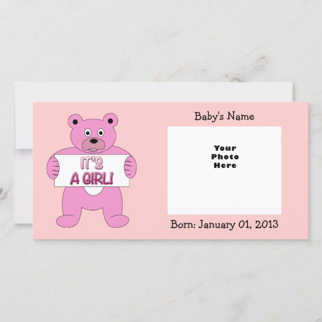 It's A Girl Pink Bear Announcement (Front)