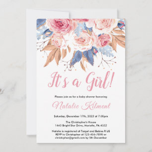 Its a Girl Pink Botanical Floral Girl Baby Shower Invitation
