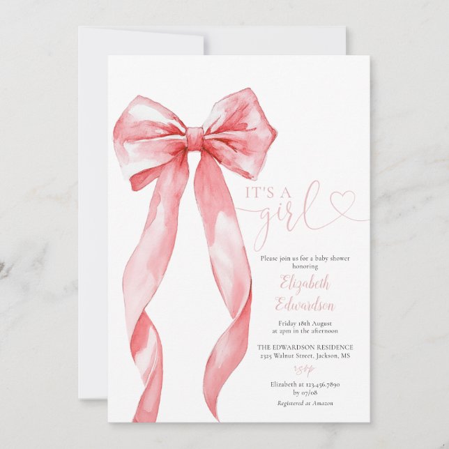 Its A Girl Pink Bow Baby Shower All In One Invitation (Front)