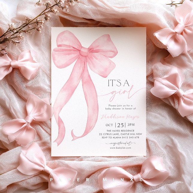 It's A Girl Pink Bow Coquette Baby Shower  Invitation (It's A Girl! | Pink Bow Baby Shower Invitation | Baby Girl Baby Shower | Coquette Theme)