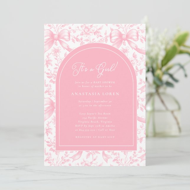 It's a Girl Pink Bow Toile Modern Baby Shower  Invitation (Standing Front)