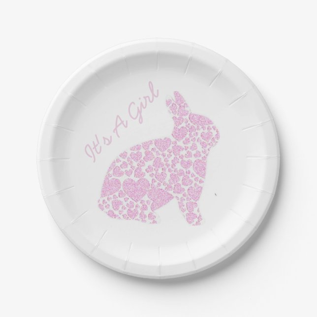 It's a girl Pink bunny baby shower plates (Front)