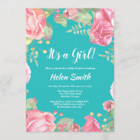 It's A Girl Pink Floral Baby Shower Teal