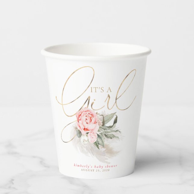 It's a Girl Pink Floral Pampas Grass Baby Shower Paper Cups (Front)