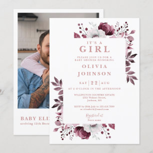 Its A Girl Pink Floral Photo QR Code Baby Shower Invitation