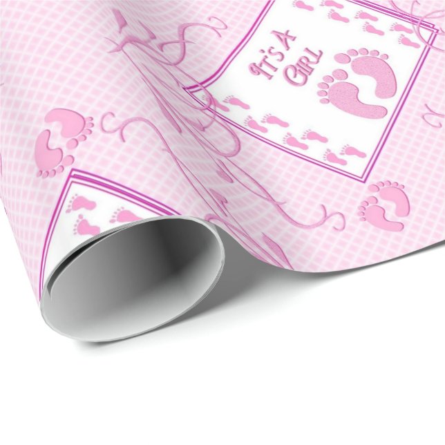 It's A Girl Pink Footprints Wrapping Paper (Roll Corner)