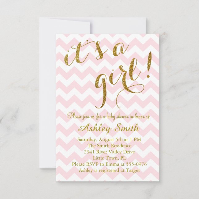 It's a Girl Pink Glitter Chevron Invitation (Front)