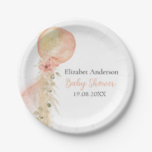 It's a Girl Pink Gold Balloon Eucalyptus Paper Plate