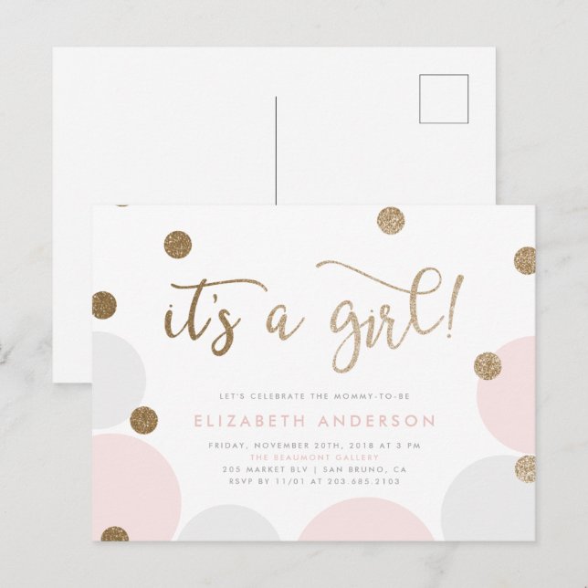 It's a Girl! | Pink & Gold Confetti Baby Shower Invitation Postcard (Front/Back)