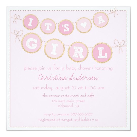 It's A Girl Pink Gold Glitter Baby Shower Invite