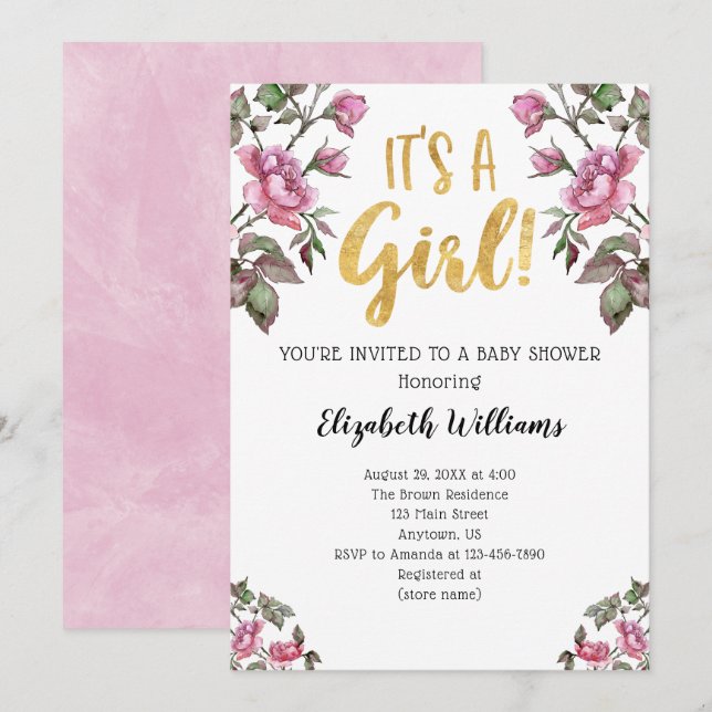 It's A Girl Pink Gold Watercolor Baby Shower Invitation (Front/Back)