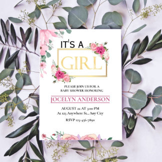 It's a Girl Pink & Gold Watercolor Baby Shower  Invitation
