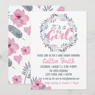 It's A Girl Pink Grey Floral Baby Shower Invitation