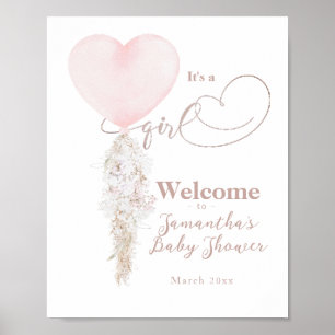 It's a Girl Pink Heart Balloon Baby Shower welcome Poster