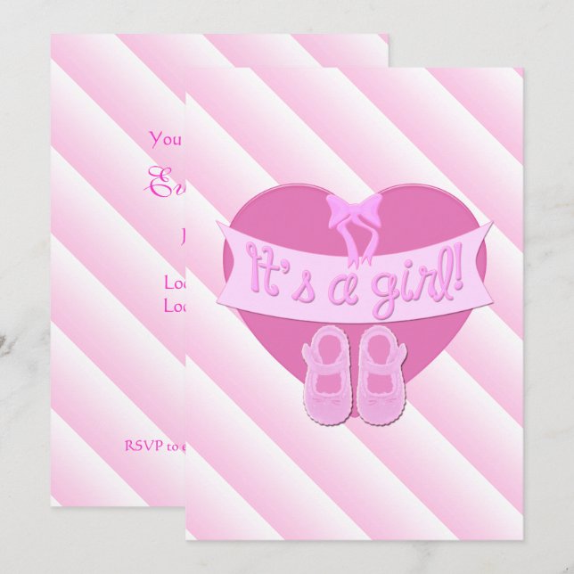 Its a girl Pink Heart Bow Shoes Baby Shower Invite (Front/Back)