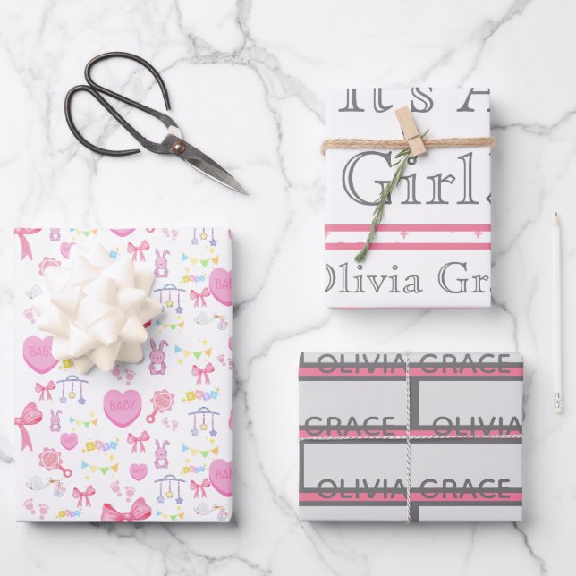 It's A Girl Pink Hearts Baby Name 3 Wrapping Paper Sheet (Front)