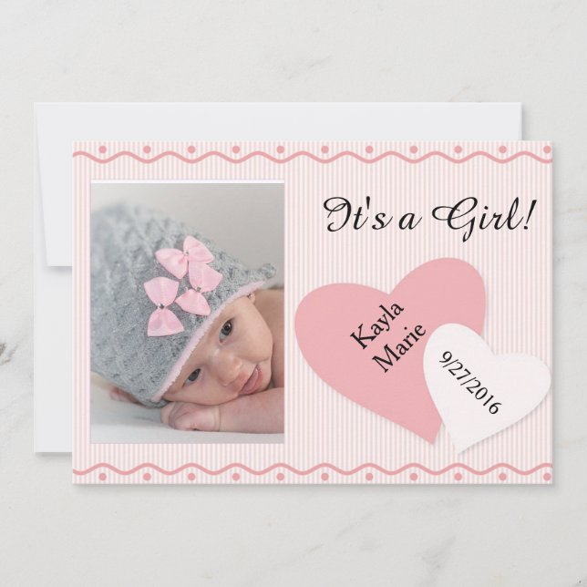 It's a Girl Pink Hearts Birth Announcement (Front)