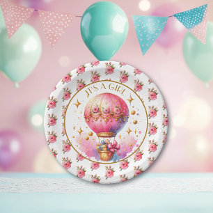 It's a Girl Pink Hot Air Balloon Baby Shower Paper Plate