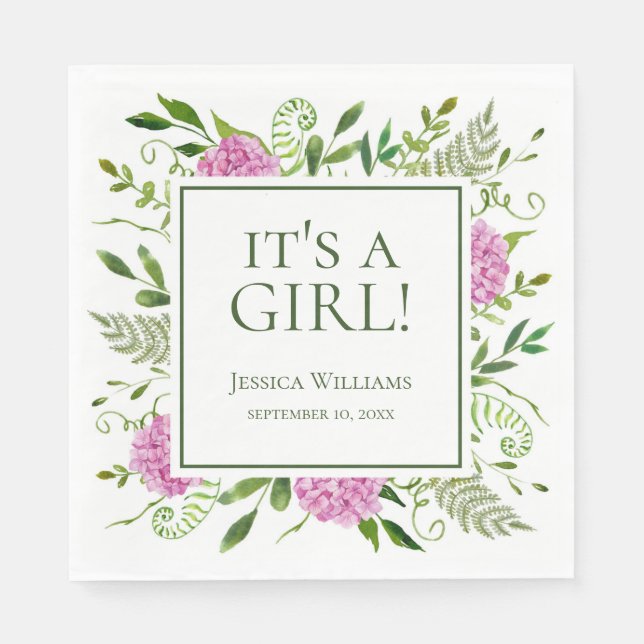 It's A Girl Pink Hydrangeas Baby Shower Napkin (Front)
