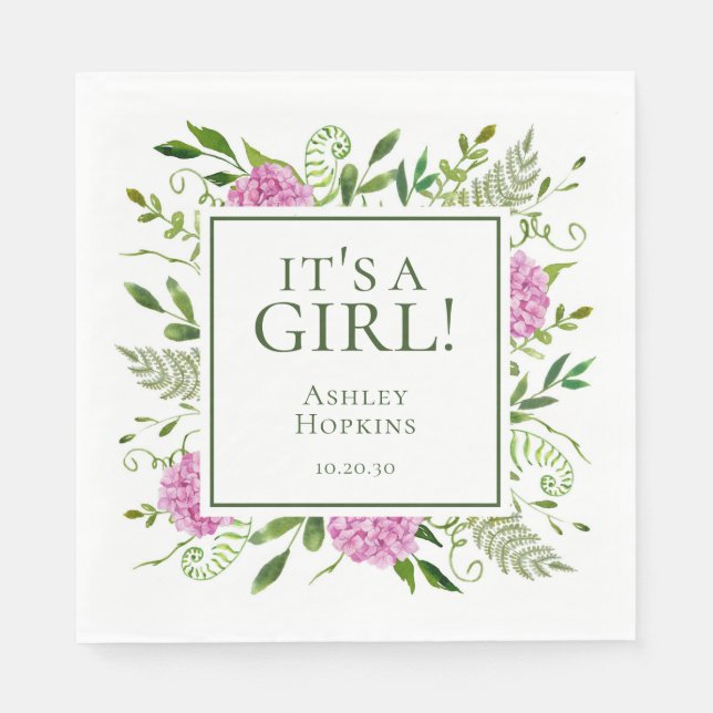 It's A Girl Pink Hydrangeas Girl Baby Shower Napkin (Front)