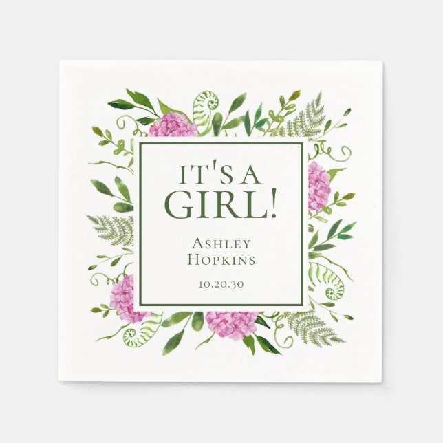 It's A Girl Pink Hydrangeas Girl Baby Shower Napkin (Front)