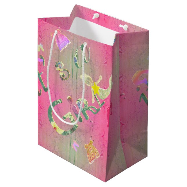 "It's a girl" Pink Illustrated Floral Font Medium Gift Bag (Front Angled)