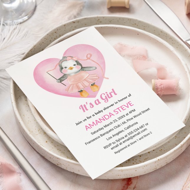 Its a girl pink penguin white baby shower invitation (Creator Uploaded)