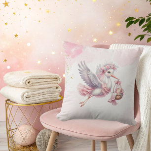 It's a Girl Pink Stork Pink Clouds Baby Shower Throw Pillow