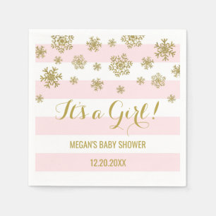 It's a Girl Pink Stripes Gold Snow Baby Shower Napkin