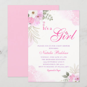 Its A Girl Pink Watercolor Floral Baby Girl Shower Invitation