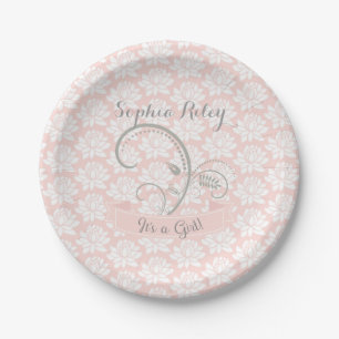 It's a Girl Pink White Grey Personalize Customize Paper Plate