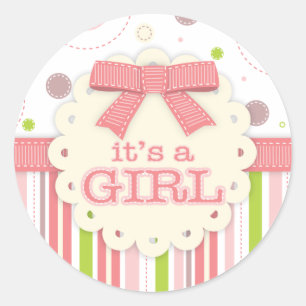 It's a Girl Pinks & Green Stitches Baby Shower Classic Round Sticker