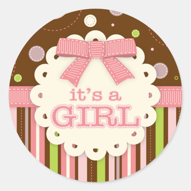It's a Girl Pinks & Green Stitches Baby Shower Classic Round Sticker (Front)
