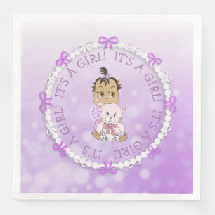 It's a Girl Purple Baby and Teddy Bear Baby Shower Napkin