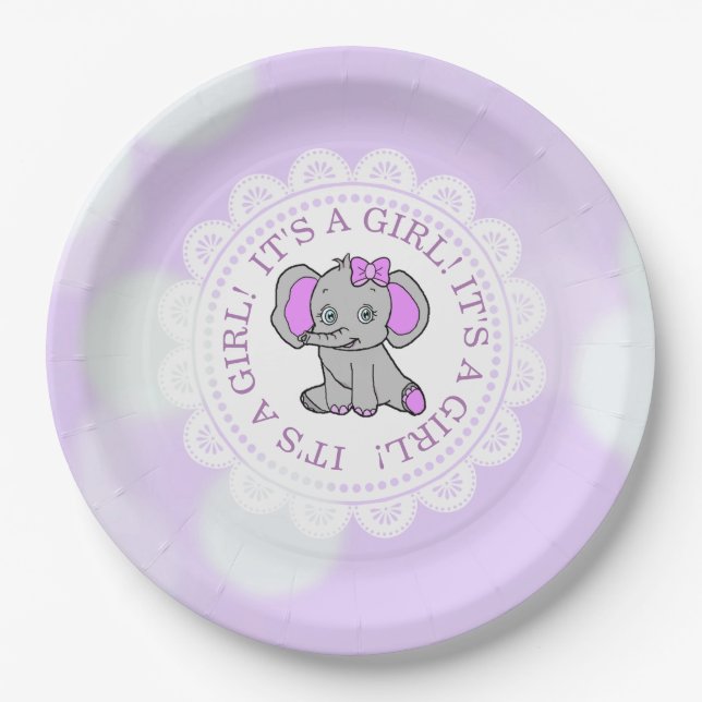 It's a Girl, Purple Elephant Themed Baby shower Paper Plate (Front)