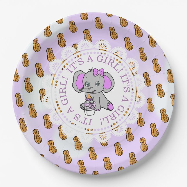 It's a Girl, Purple Elephant  Themed Baby shower Paper Plate (Front)