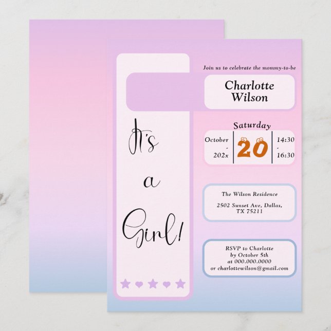 It's A Girl! Purple Gradient Cute Baby Shower Invitation (Front/Back)