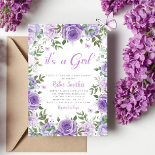 Its A Girl Purple Watercolor Floral Baby Shower Invitation
