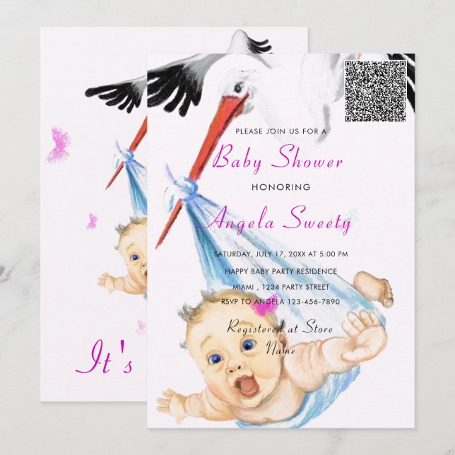 It's a Girl QR Code Stork and Baby Shower Invite (Front/Back)
