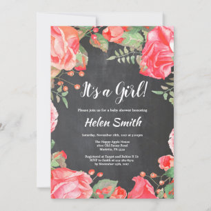 It's A Girl Red Floral Baby Shower Chalkboard Invitation