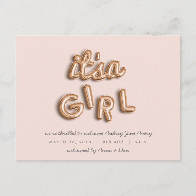 ITS a girl! Rose gold/PINK postcard. Announcement Postcard (Front)