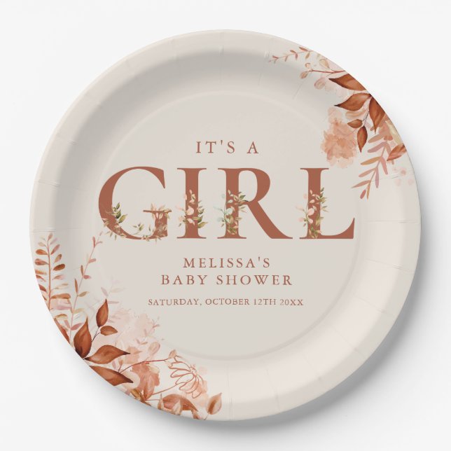 Its A Girl Rustic Floral Letter Baby Shower Paper Plate (Front)