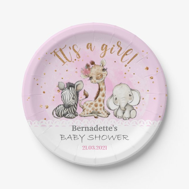 It's a Girl! Safari Animals Baby Shower Plate (Front)