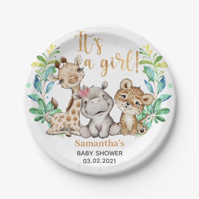 It's a Girl! Safari Baby Shower Paper Plate (Front)