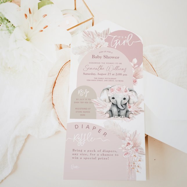 It's a Girl Safari Boho Floral Pink Baby Shower All In One Invitation (Creator Uploaded)